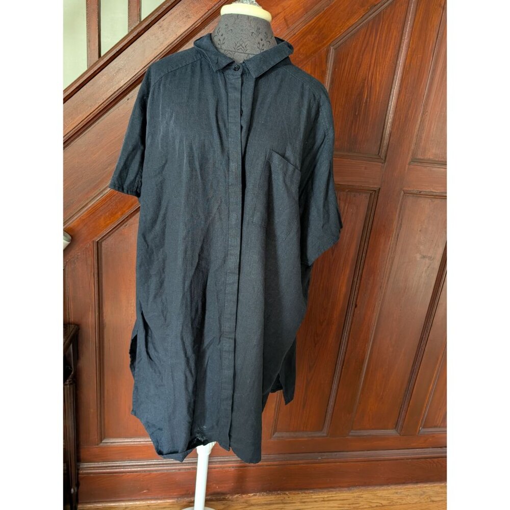 Ellos Plus 1X Black Shirt Dress Button-Up Linen  Short Sleeve Back Pleat Detail